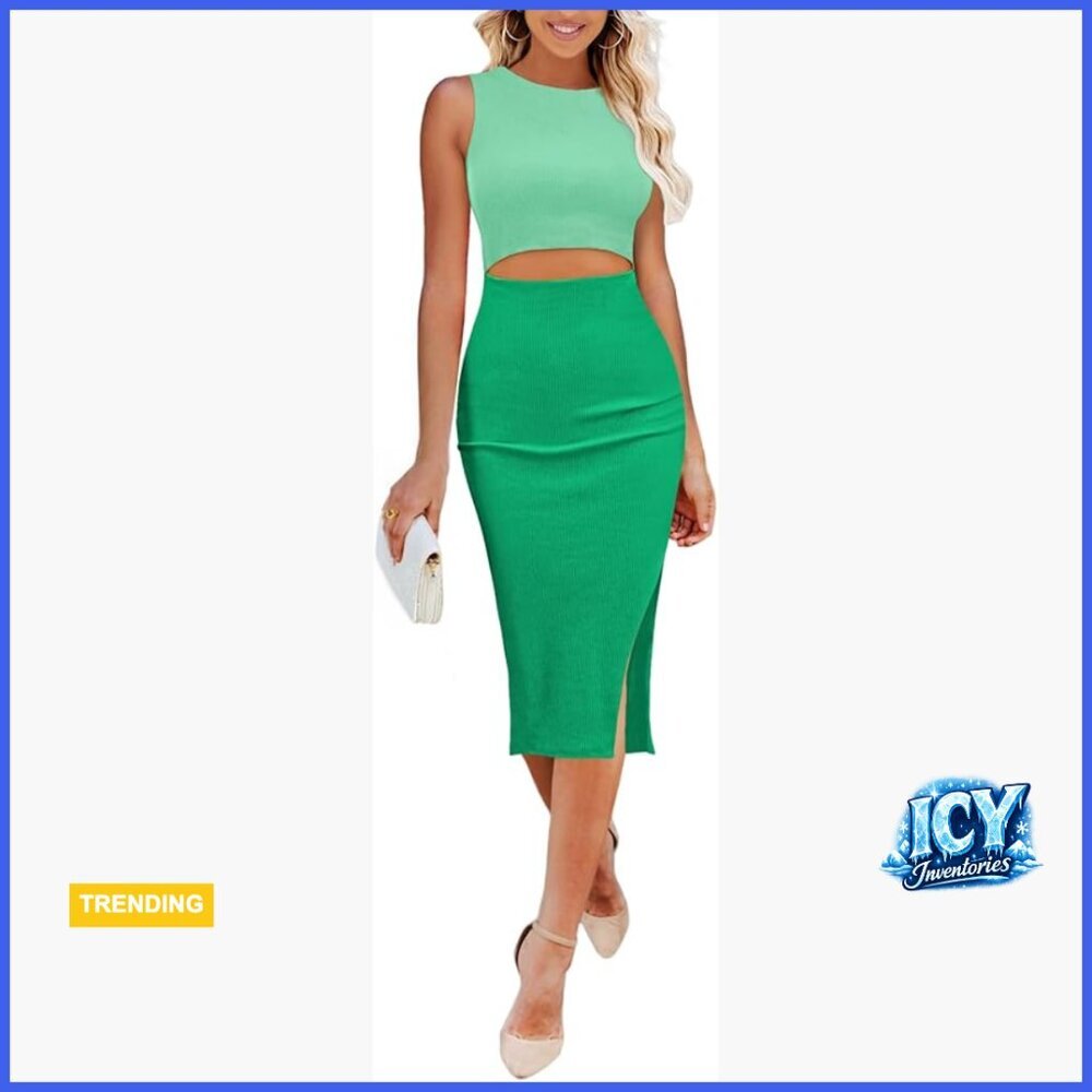 Crew Neck Sleeveless Cutout Side Slit Bodycon Midi Party Dress